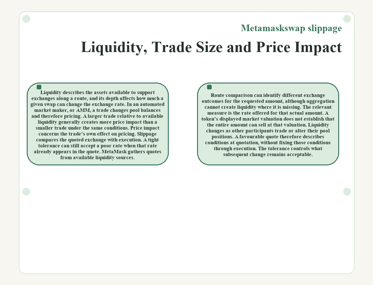 Liquidity, Trade Size and Price Impact (Metamaskswap slippage) - illustration